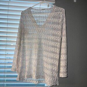 Ivory Open Knit V-Neck Long Sleeve Top - Size Medium